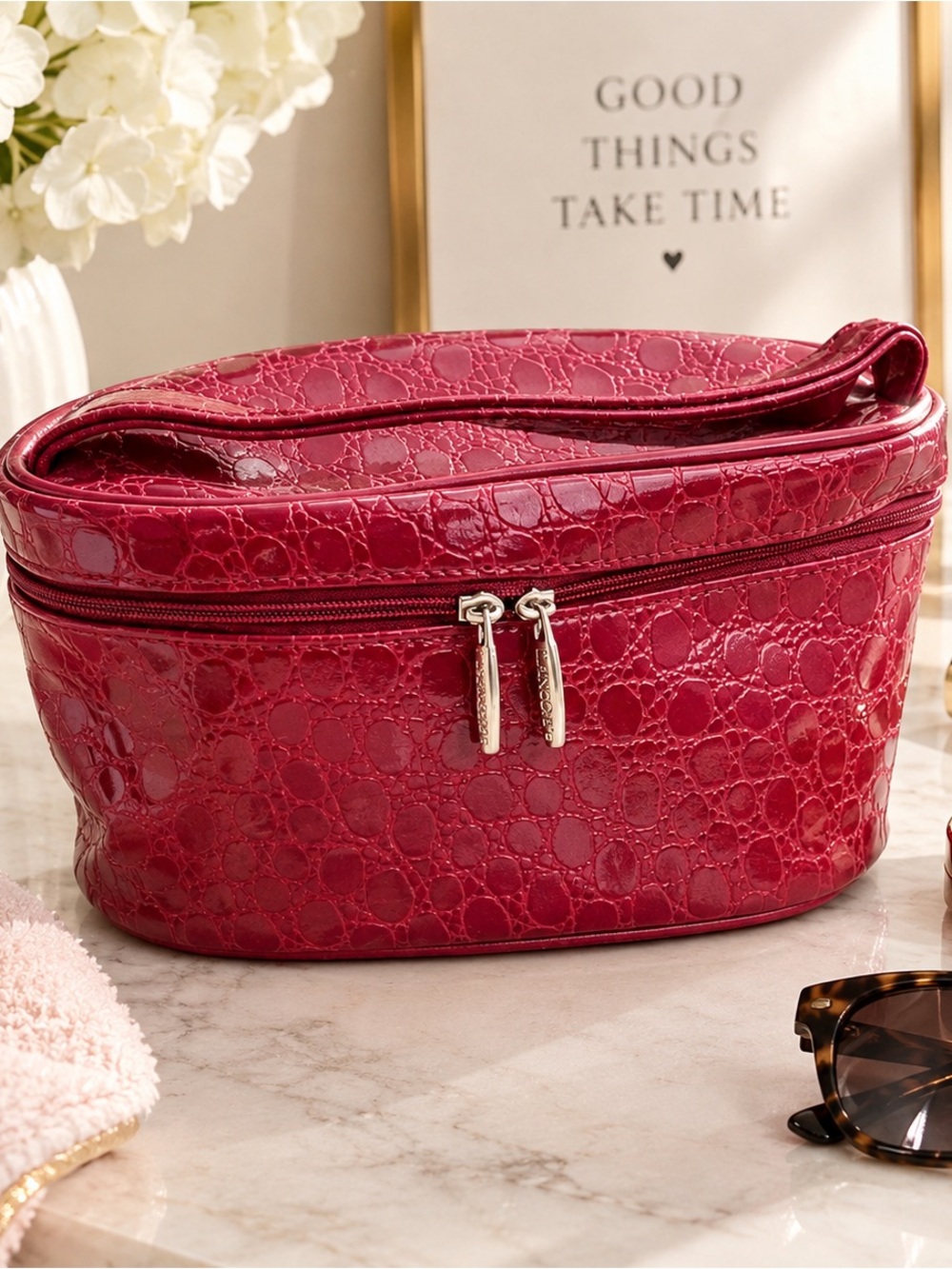 Lancôme Red Crocodile Embossed Makeup Cosmetic Bag NWOT